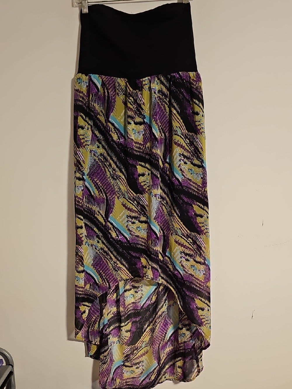 Strapless Maxi Dress with Black Bandeau and Purple Print